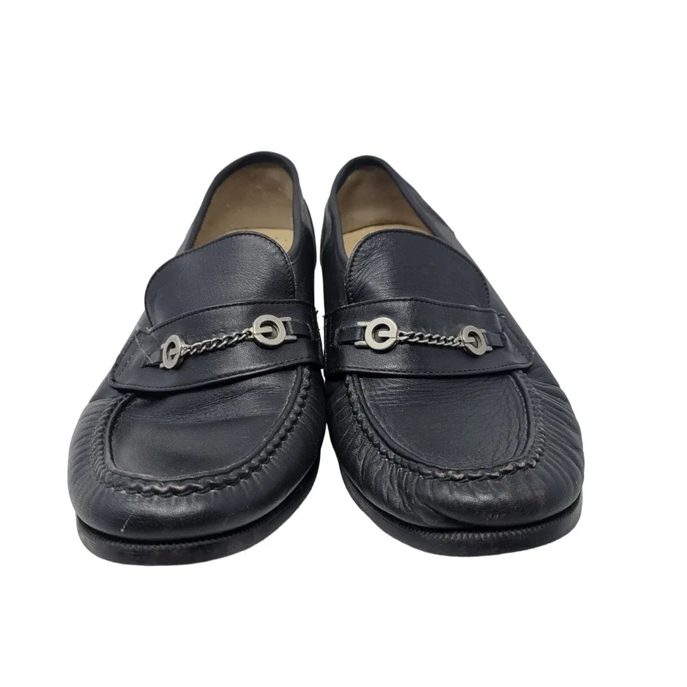 Womens Tifosi Design Black Leather Loafers Chain Detail 41‎ Wide Comfort Slip On